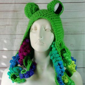 Handmade Crochet Adult Size Octopus Hat Bright Green and Blues